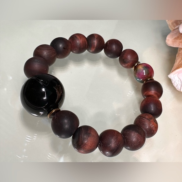 MATTE RED TIGERS EYE + ONYX NATURAL STONES BRACELET size 7” - Picture 6 of 11